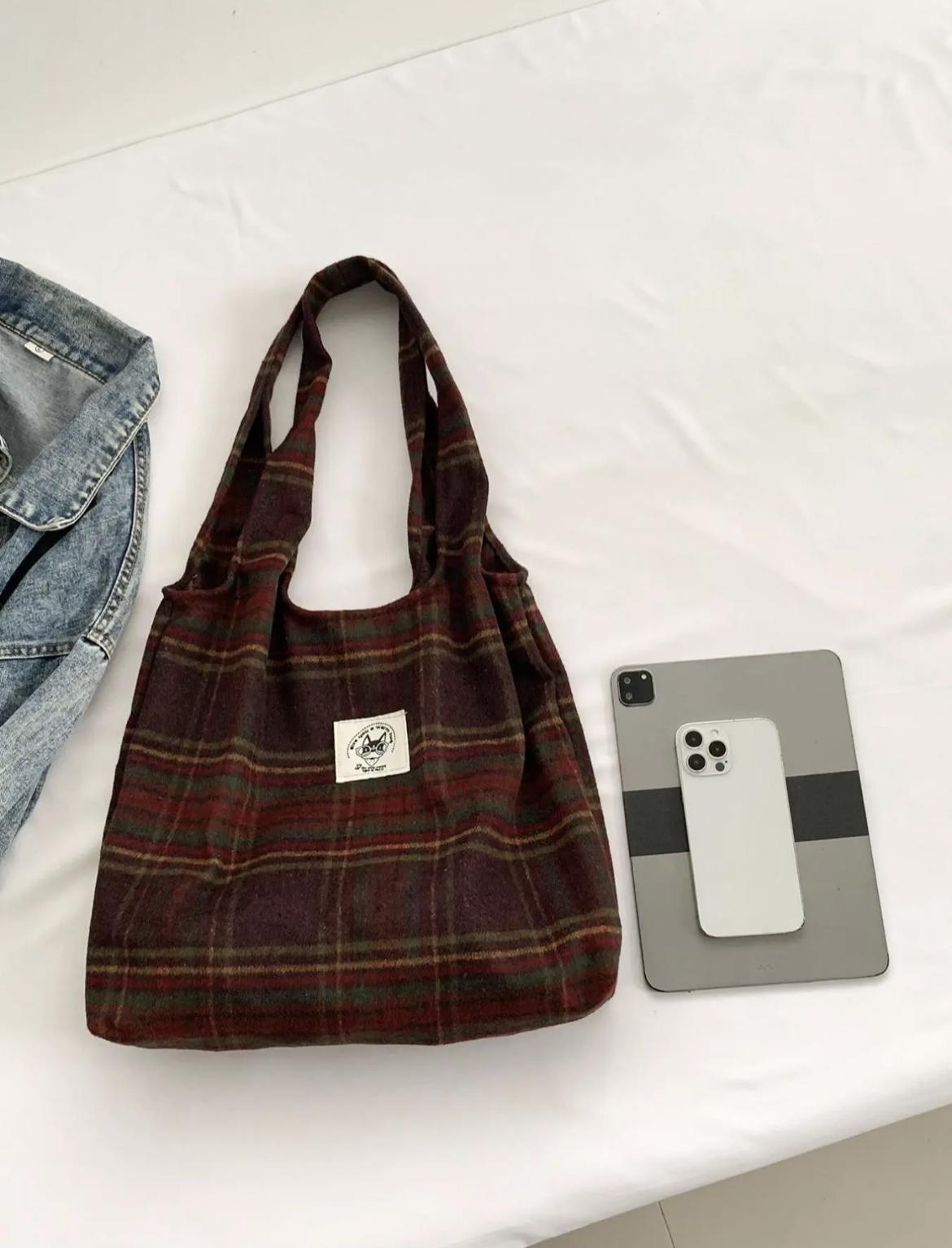 Women's Plaid Minimalist Tote Bag, Vintage Style Casual Plaid Label Decor Large Volume Tote Bag, Fashionable Tote Bag For Work & Daily Used