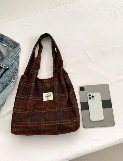 Women's Plaid Minimalist Tote Bag, Vintage Style Casual Plaid Label Decor Large Volume Tote Bag, Fashionable Tote Bag For Work & Daily Used