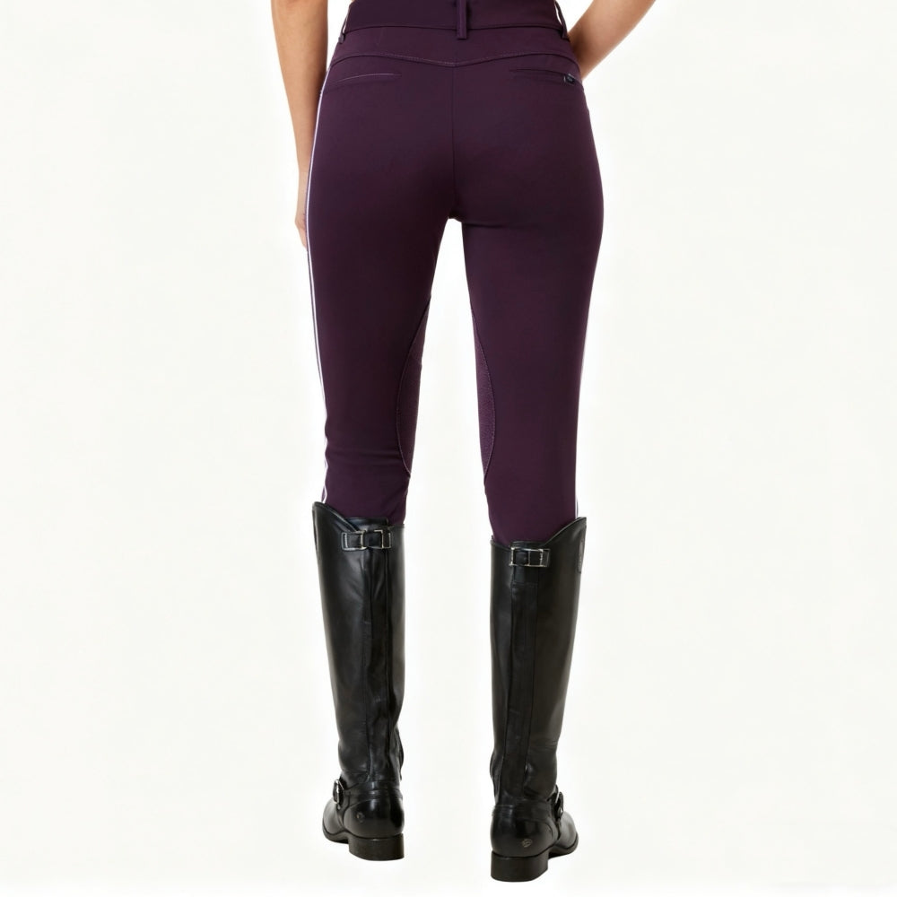 Women’s Equestrian Riding Breeches, Stretch Horse Riding Pants with Knee Patch, Mid-Rise Jodhpurs with Ankle Strap, Plum Purple