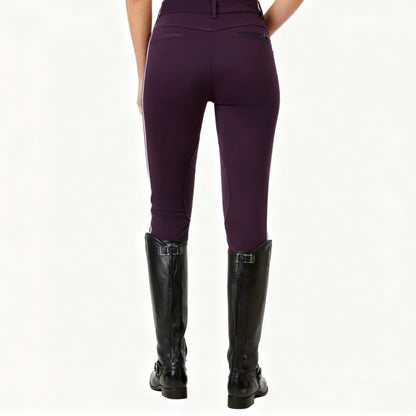 Women’s Equestrian Riding Breeches, Stretch Horse Riding Pants with Knee Patch, Mid-Rise Jodhpurs with Ankle Strap, Plum Purple