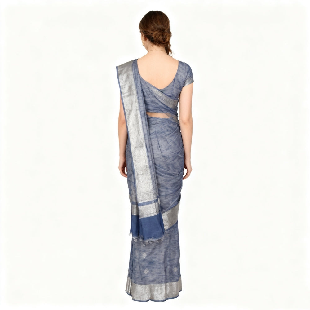 Women’s Blue Gray Saree with Silver Border, Textured Draping Sari with Tassel Pallu for Party, Wedding & Festive Wear