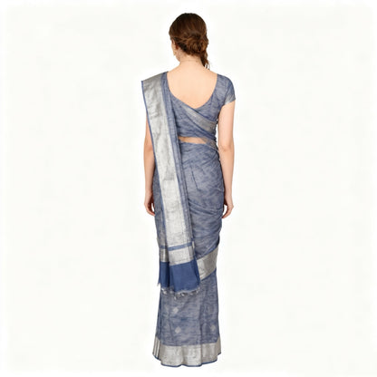 Women’s Blue Gray Saree with Silver Border, Textured Draping Sari with Tassel Pallu for Party, Wedding & Festive Wear