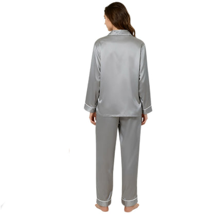 Women's Satin Pajama Set, Long Sleeve Sleepwear with Button-Down Shirt and Elastic Waist Pants, Silky Soft Nightwear, Grey