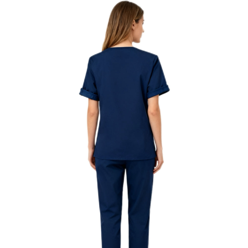 Women's 2-Piece Set, V-Neck Short Sleeve Top with 2 Pockets + Straight Leg Pants, Easy-Care Workwear