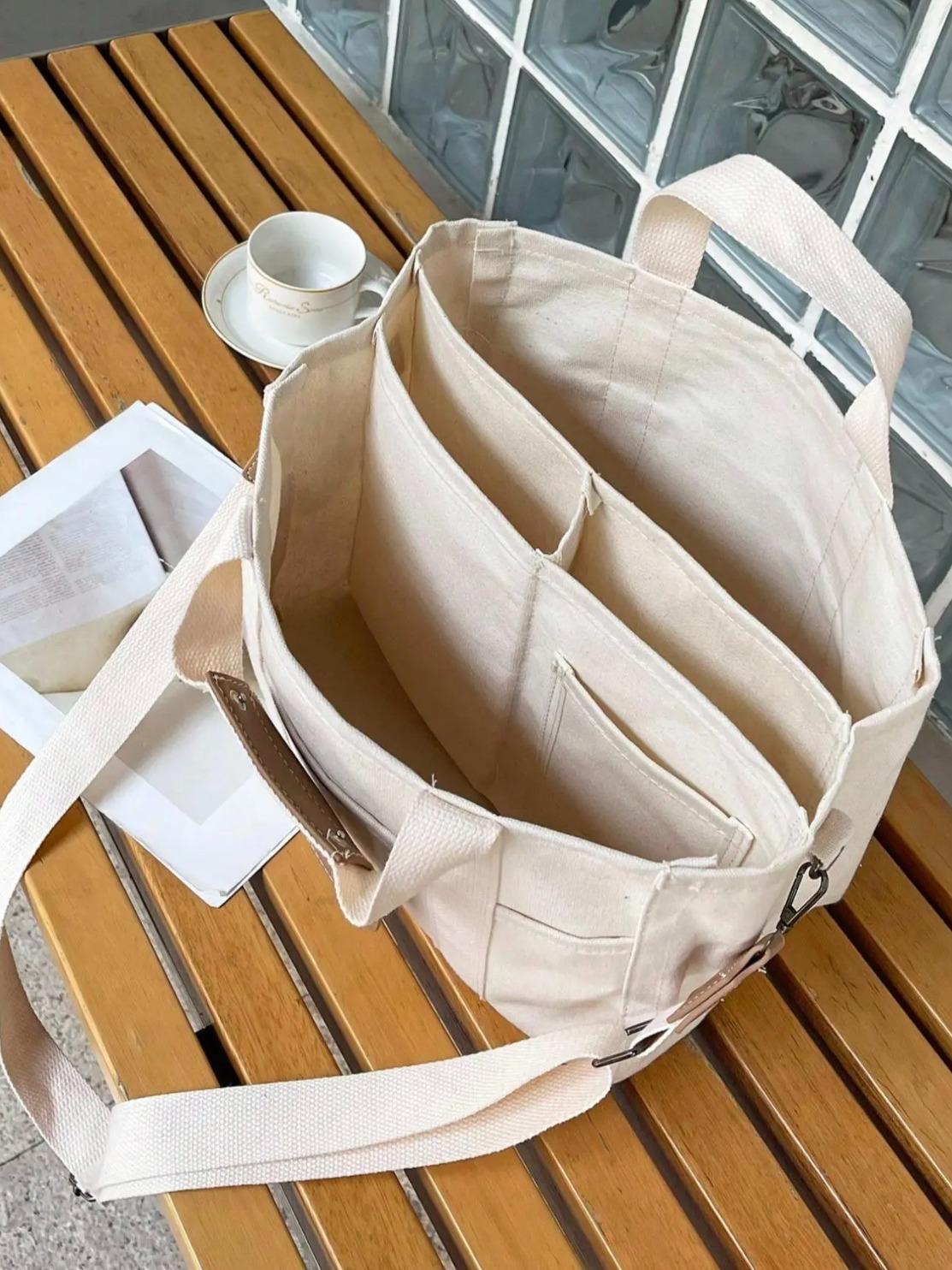 Women's 1 Piece Solid Color Canvas Tote Bag for Work, Large Capacity Oversize Trendy Shoulder Bag for College, Fashionable Multi-pocket Crossbody Bag for Daily Used