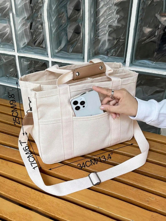 Women's 1 Piece Solid Color Canvas Tote Bag for Work, Large Capacity Oversize Trendy Shoulder Bag for College, Fashionable Multi-pocket Crossbody Bag for Daily Used