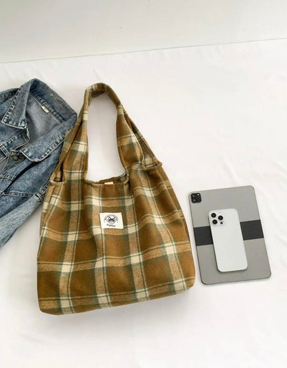 Women's Plaid Minimalist Tote Bag, Vintage Style Casual Plaid Label Decor Large Volume Tote Bag, Fashionable Tote Bag For Work & Daily Used