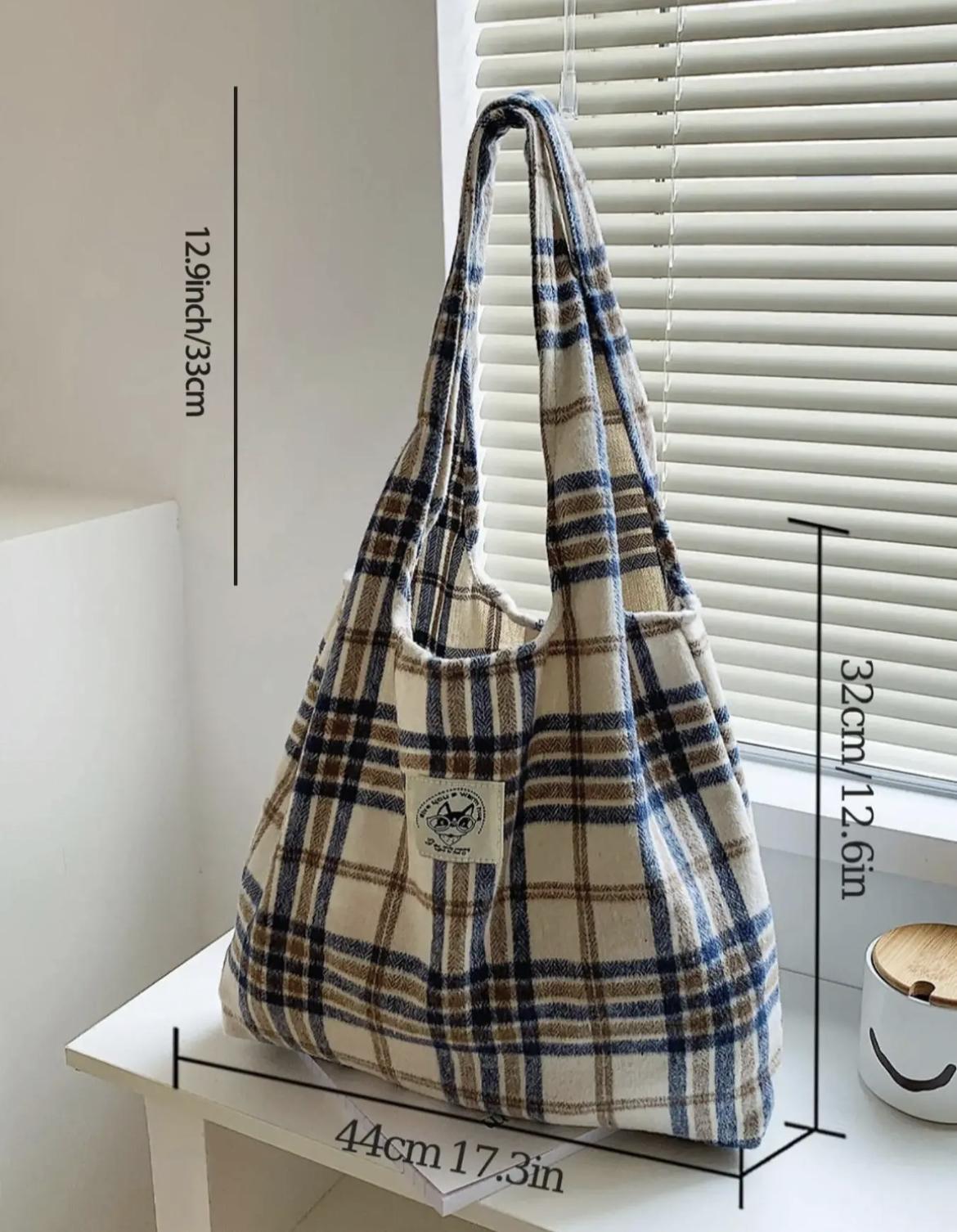 Women's Plaid Minimalist Tote Bag, Vintage Style Casual Plaid Label Decor Large Volume Tote Bag, Fashionable Tote Bag For Work & Daily Used