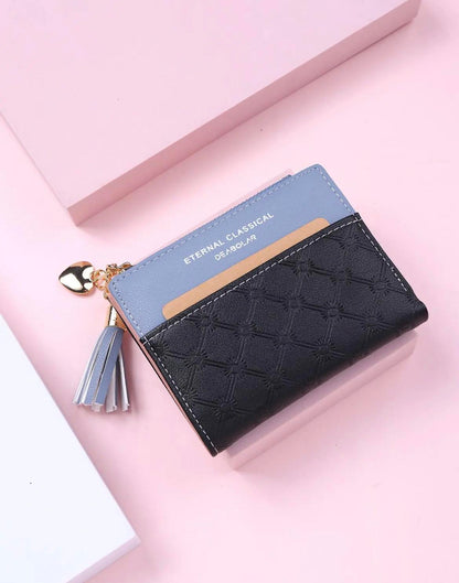 Fashion Color-Block PU Leather Texture Zipper Short Wallet for Women, 1 Piece Tassel Heart-Shaped Pendant Decorated with Multiple Card Slots Bifold Coin Purse