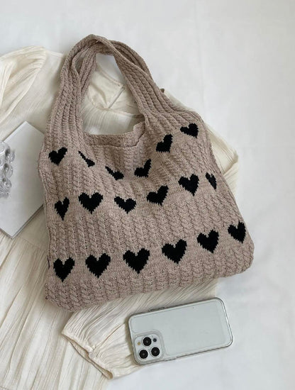 Fashion Heart Pattern Crochet Tote Bag, 1 Piece Casual Large Capacity Shoulder Bag for Women, Female Trendy School Bag for Daily Wear, Christmas Gift Xmas New Year Gift