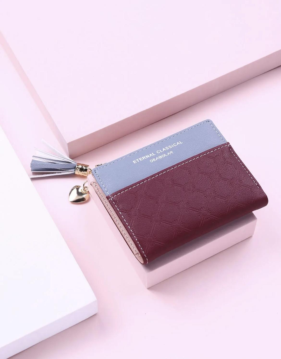 Fashion Color-Block PU Leather Texture Zipper Short Wallet for Women, 1 Piece Tassel Heart-Shaped Pendant Decorated with Multiple Card Slots Bifold Coin Purse