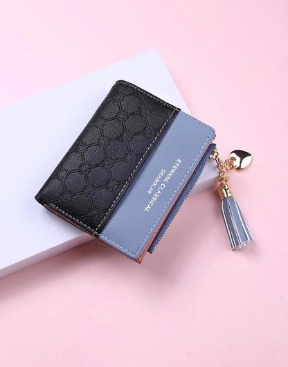 Fashion Color-Block PU Leather Texture Zipper Short Wallet for Women, 1 Piece Tassel Heart-Shaped Pendant Decorated with Multiple Card Slots Bifold Coin Purse