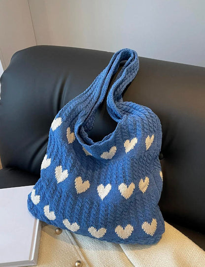 Fashion Heart Pattern Crochet Tote Bag, 1 Piece Casual Large Capacity Shoulder Bag for Women, Female Trendy School Bag for Daily Wear, Christmas Gift Xmas New Year Gift