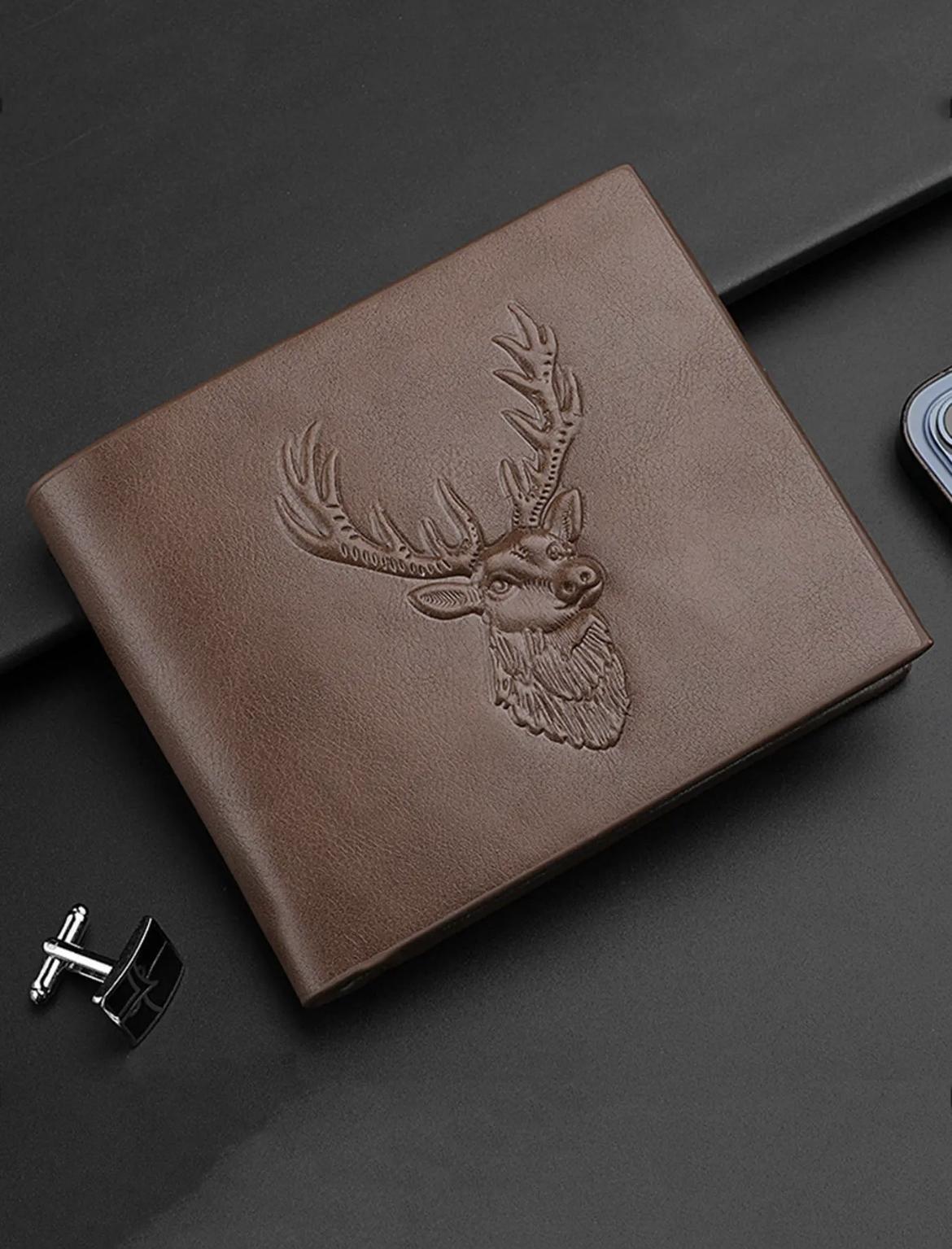 Men's 1 Piece Minimalist Casual Deer Design Short Wallet, Business Style Pu Leather Card Slot Wallet For Daily Used