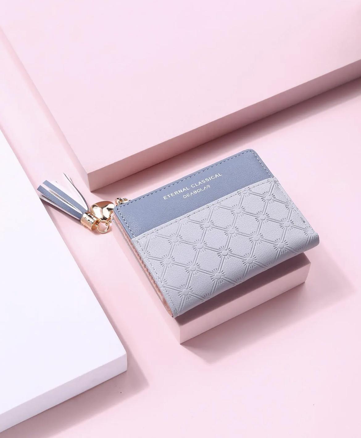 Fashion Color-Block PU Leather Texture Zipper Short Wallet for Women, 1 Piece Tassel Heart-Shaped Pendant Decorated with Multiple Card Slots Bifold Coin Purse