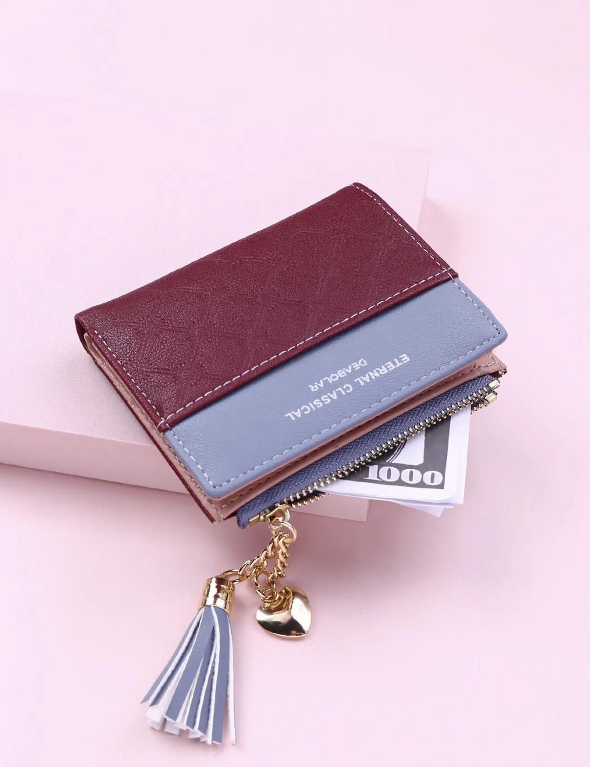 Fashion Color-Block PU Leather Texture Zipper Short Wallet for Women, 1 Piece Tassel Heart-Shaped Pendant Decorated with Multiple Card Slots Bifold Coin Purse