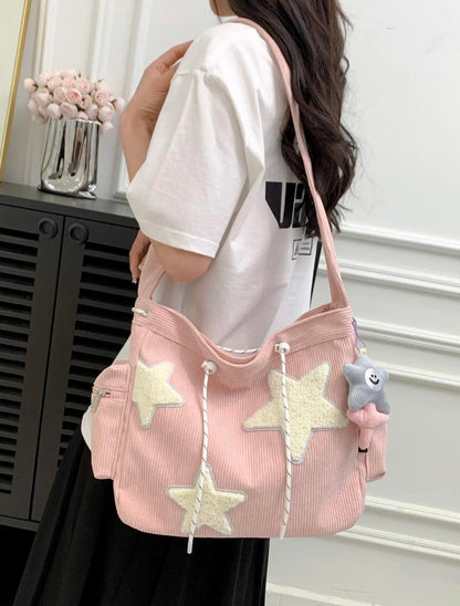 Women's 1 Piece Star Pattern Cute Tote Bag, Casual Large Capacity Everything Tote Bag for Daily Used, Drawstring Design Tote Bag for School & College & Work Tote Bag